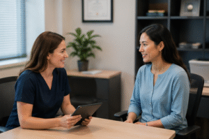 Internal medicine practice manager reviewing revenue cycle benchmarks, claim performance reports, and billing analytics with medical billing specialists in New York.