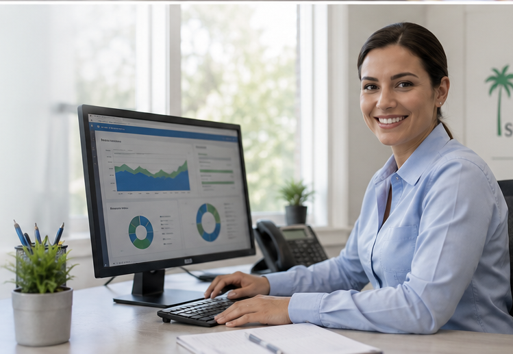 Internal medicine billing specialists reviewing claims, coding reports, and reimbursement data in a medical office.
