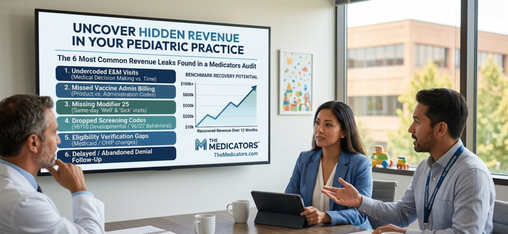 The Medicators healthcare consultants presenting a pediatric billing audit report on a screen to a pediatrician in a conference room, highlighting revenue leaks.