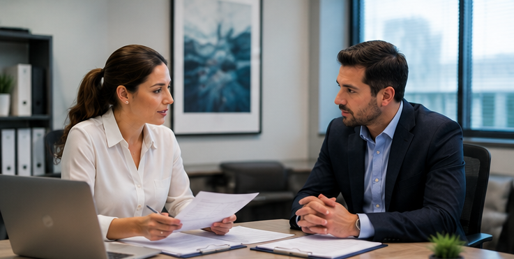Psychiatry billing specialists reviewing behavioral health claims and reimbursement reports with practice manager.