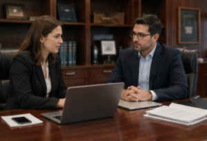Pain management specialist discussing insurance coverage, procedure authorization requirements, and medical billing with a patient before treatment.