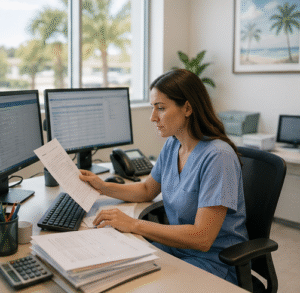 A certified cardiovascular coder analyzing complex electrocardiogram and echocardiography component codes to perform simple medical billing reviving for a Florida practice.