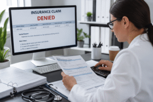 Medical billing specialists reviewing medical claim denials, appeals, CARC codes, and denial management reports in a modern healthcare revenue cycle office.