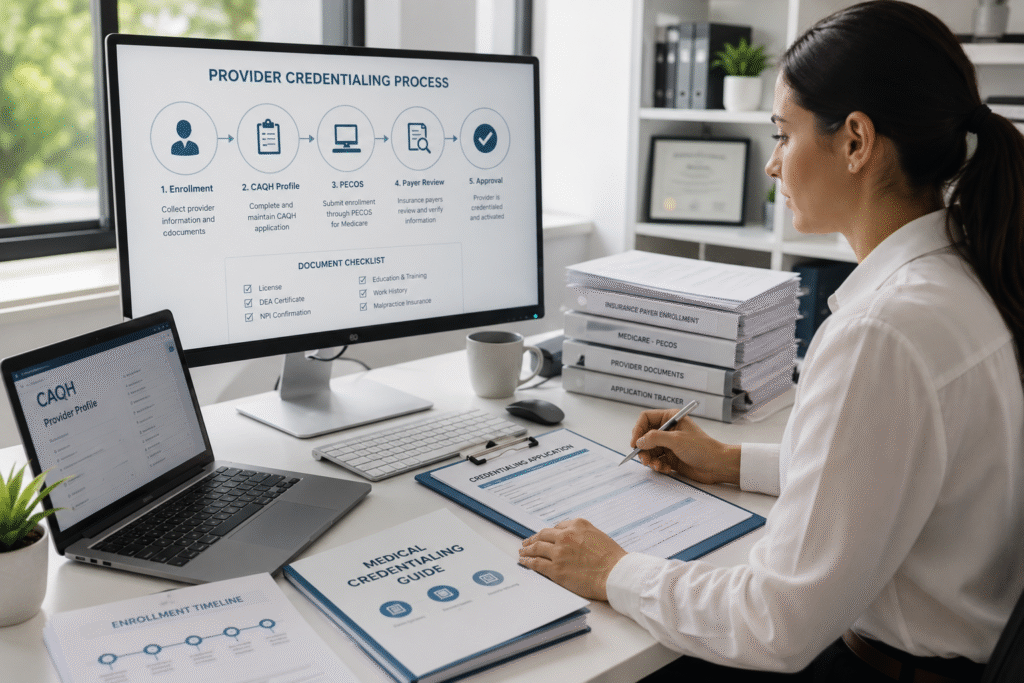 Complete Guide to Medical Credentialing in 2026 showing provider enrollment, CAQH, PECOS, and Medicare credentialing process