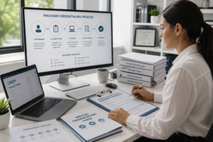 Complete Guide to Medical Credentialing in 2026 showing provider enrollment, CAQH, PECOS, and Medicare credentialing process