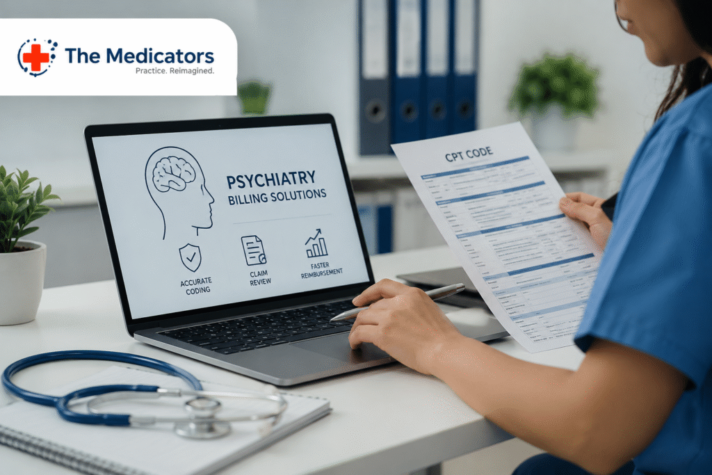 Mental health billing specialist reviewing psychiatry CPT codes and medical claims to reduce coding errors and improve reimbursement for psychiatric practices.
