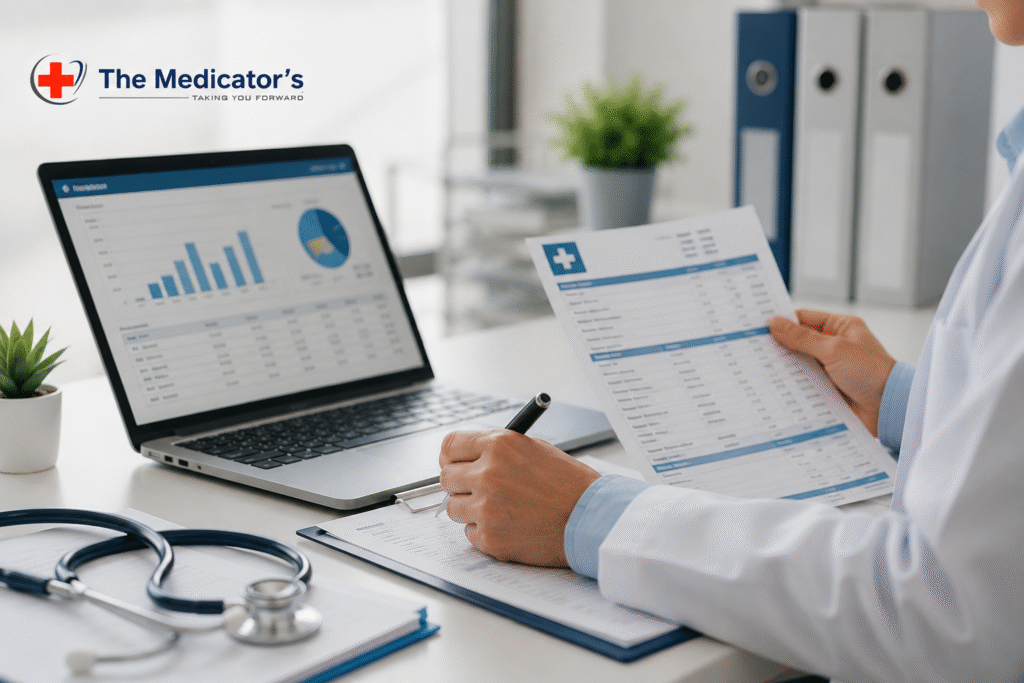 Healthcare professional reviewing internal medicine billing reports and claims to reduce coding errors and improve revenue cycle management for Illinois practices.