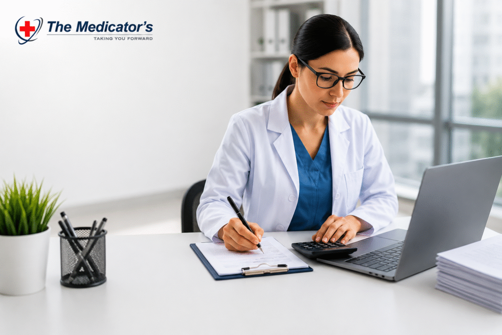 Healthcare professional reviewing patient records with The Medicator's logo representing pain management billing services