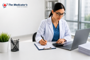 Healthcare professional reviewing patient records with The Medicator's logo representing pain management billing services