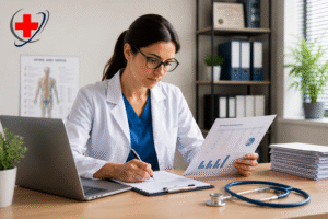 Healthcare professional comparing in-house vs outsourced pain management billing services with The Medicator's logo