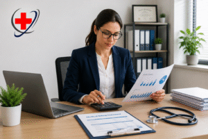Healthcare professional reviewing revenue cycle management reports in a medical office with The Medicator's logo