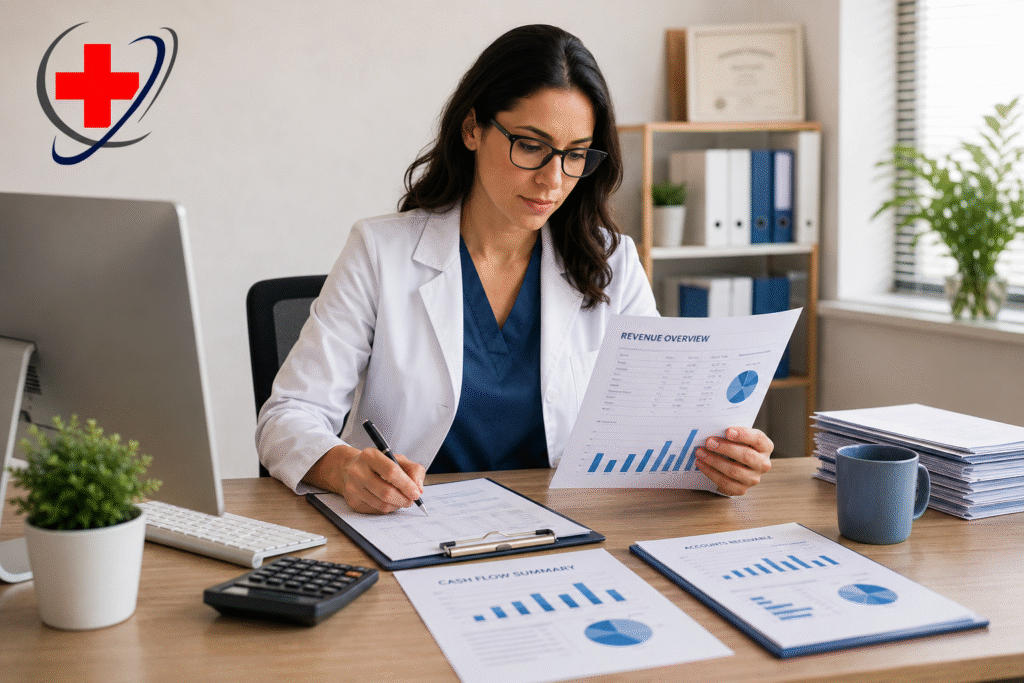 Healthcare billing specialist reviewing revenue cycle management dashboard to improve cash flow with The Medicator's logo.