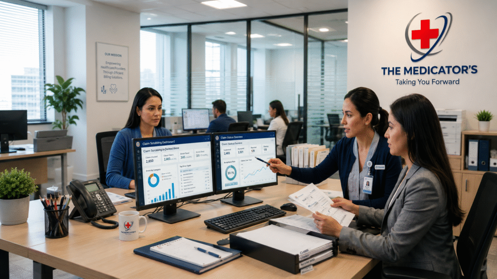 Medical billing specialists reviewing claim scrubbing reports to improve clean claims and reduce insurance claim denials.