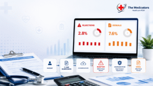Medical billing manager analyzing a split-screen dashboard comparing claim rejections before adjudication versus claim denials after adjudication under The Medicators logo