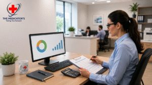 Healthcare billing professional reviewing an A/R aging report dashboard to improve accounts receivable management and cash flow in a medical practice.