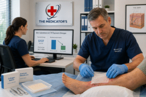 Healthcare provider applying a skin substitute graft to a patient's leg while reviewing CMS 2026 CTP payment changes in a wound care clinic.