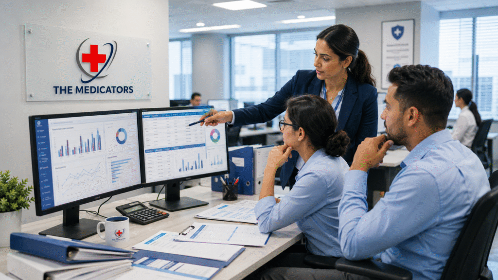 Medical billing audit specialists reviewing claims, coding accuracy, compliance reports, and revenue analytics in a modern healthcare office with The Medicators logo.