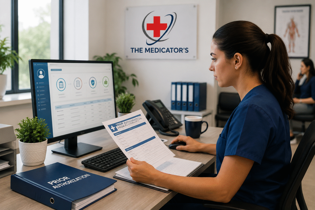 Medical billing specialist reviewing prior authorization documents and insurance verification in a modern healthcare office with The Medicators branding.