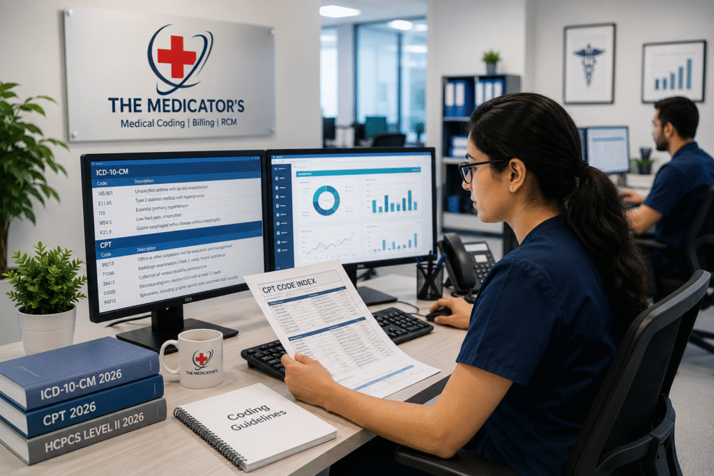 Medical coding specialist reviewing CPT, ICD-10-CM, and HCPCS coding documents in a modern office with The Medicator’s branding, while analyzing medical billing data and coding reports on dual computer monitors.