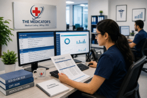 Medical coding specialist reviewing CPT, ICD-10-CM, and HCPCS coding documents in a modern office with The Medicator’s branding, while analyzing medical billing data and coding reports on dual computer monitors.