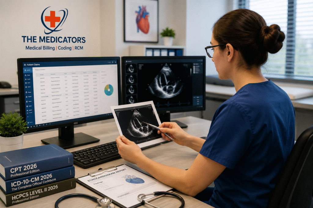 Realistic cardiology billing office with specialists reviewing echocardiogram CPT coding, heart ultrasound images, and medical billing claims, featuring The Medicators logo in a modern healthcare workspace.