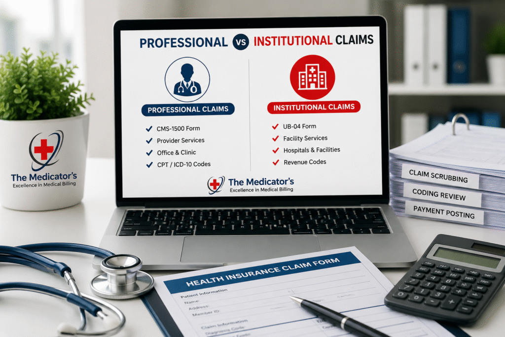 Professional vs institutional medical claims comparison showing CMS-1500 and UB-04 claim forms for medical billing and revenue cycle management.