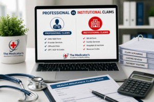 Professional vs institutional medical claims comparison showing CMS-1500 and UB-04 claim forms for medical billing and revenue cycle management.