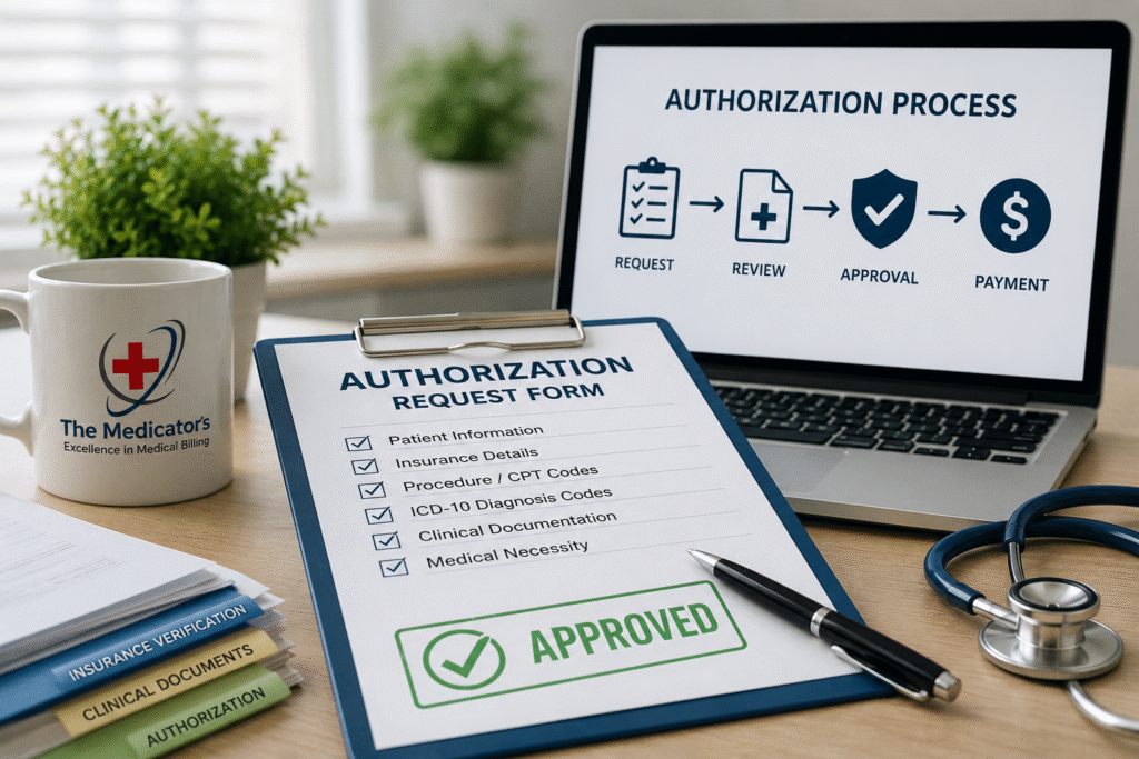 Authorization request form with approved status, laptop, and medical billing tools representing the medical authorization process.