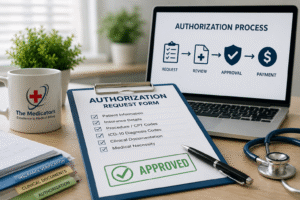 Authorization request form with approved status, laptop, and medical billing tools representing the medical authorization process.