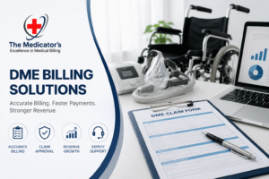 Medical billing specialist reviewing authorization requests and insurance approval workflow with The Medicators logo