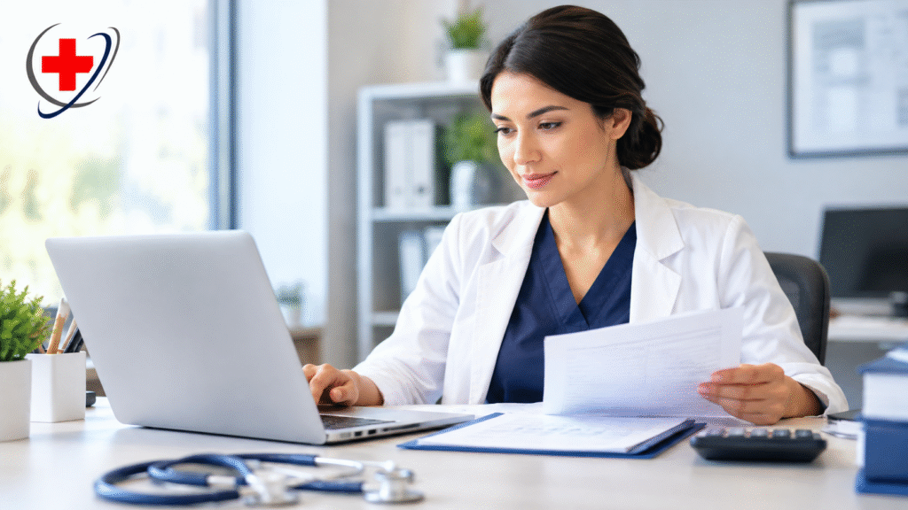Medical billing professional reviewing healthcare documents and billing information in a modern office