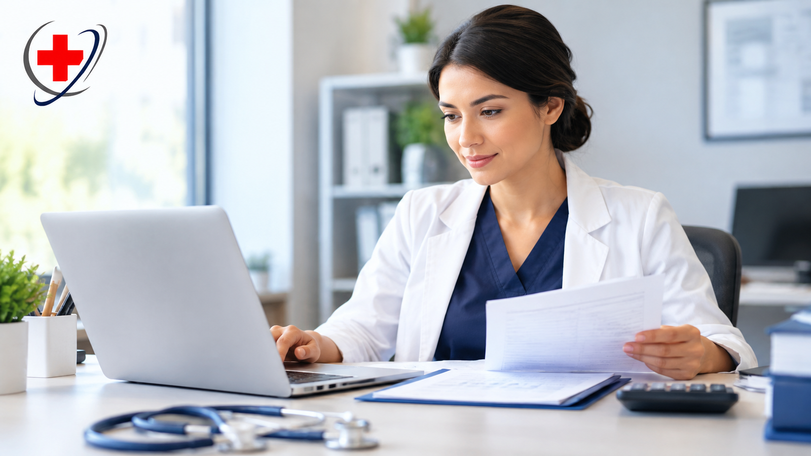 Medical billing professional reviewing healthcare documents and billing information in a modern office