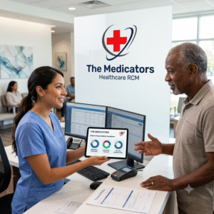 Medical front desk receptionist using a tablet to explain clear billing and cost breakdowns to a patient under The Medicators logo.