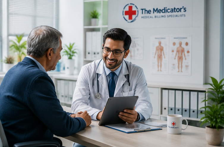 Mental health billing specialist reviewing rejected psychiatry claims and insurance documentation in a modern medical billing office.