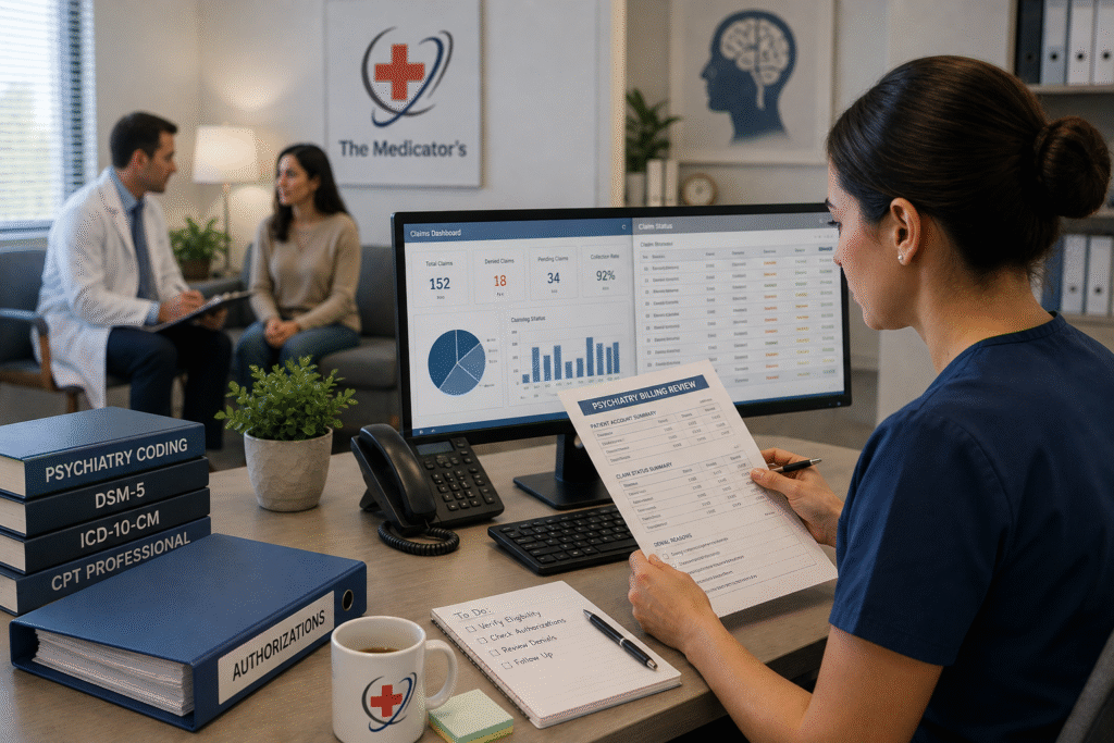 Modern healthcare clinic interior with a clean, professional medical office setting and The Medicator’s branding.