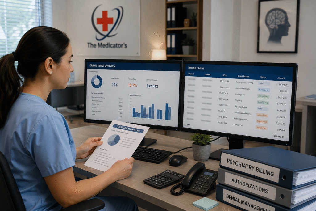 Medical billing specialist reviewing denied psychiatry claims and denial analysis on dual computer monitors in a healthcare office.