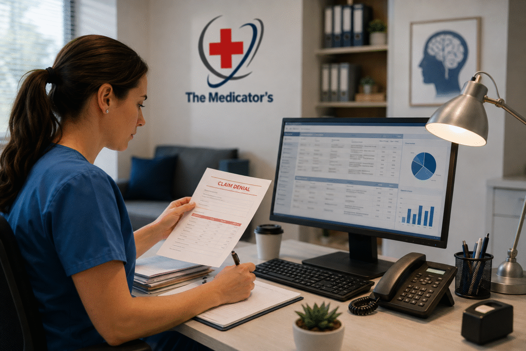Realistic healthcare billing specialist reviewing a psychiatric claim denial and revenue data at a medical office desk, with The Medicator’s logo in the background.