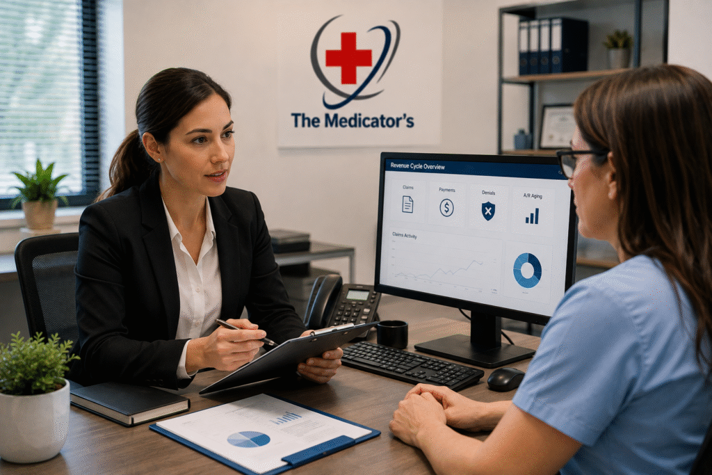 Psychiatry billing consultant reviewing revenue cycle data with a healthcare professional in a modern office, with The Medicator’s logo in the background.