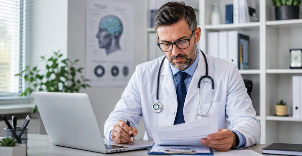 Professional internal medicine physician reviewing medical documentation and billing paperwork at a desk with a laptop.