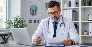Professional internal medicine physician reviewing medical documentation and billing paperwork at a desk with a laptop.