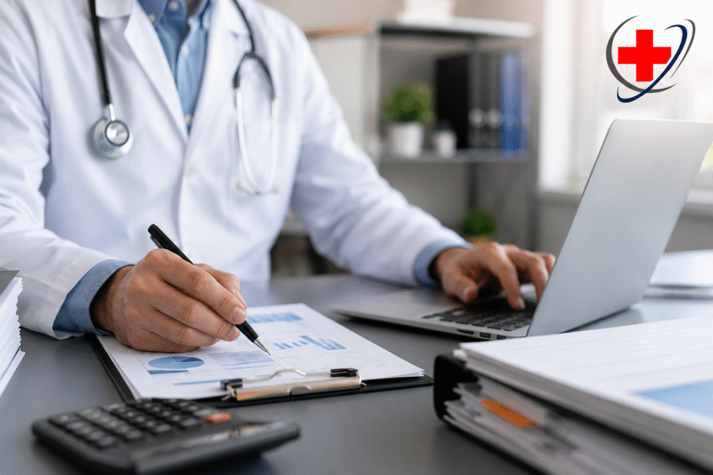 Internal medicine physician reviewing medical billing documents and revenue reports at a clinic desk