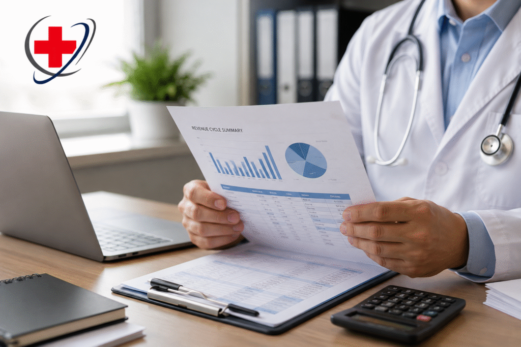 Florida internal medicine billing professional reviewing a revenue cycle report in a medical office
