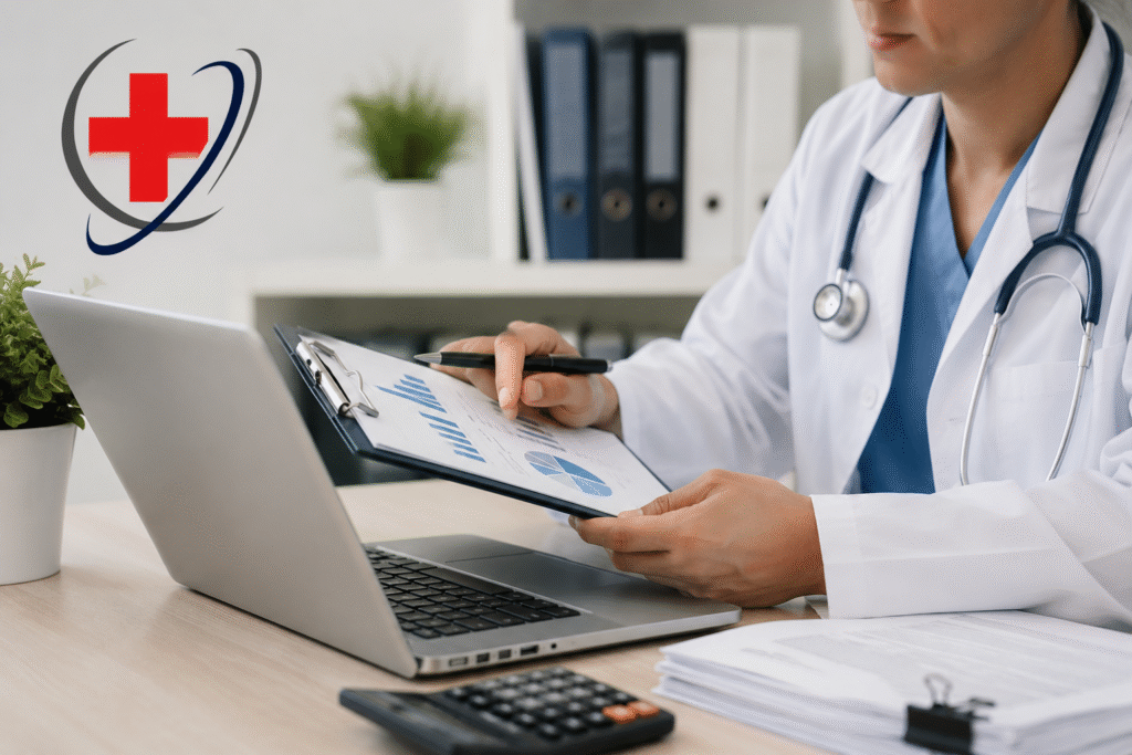 Florida internal medicine billing specialist reviewing medical billing reports and revenue data in a clinic office