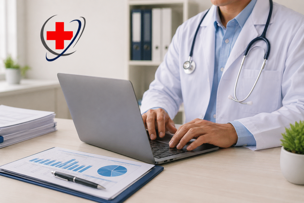 Doctor reviewing medical billing reports and claim data on a laptop in a professional medical office.