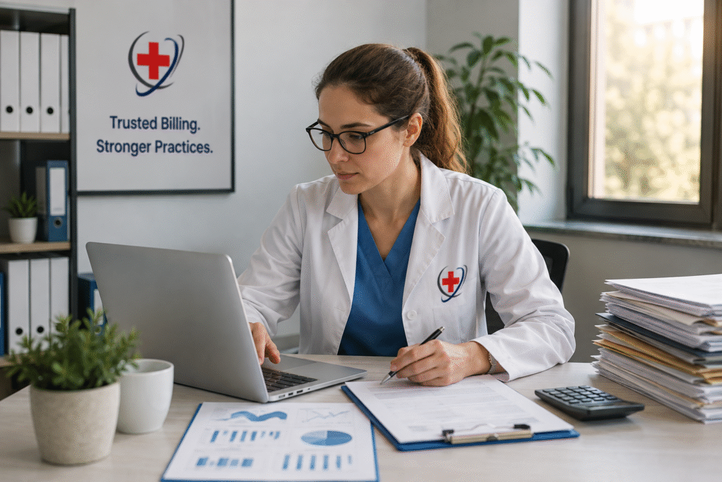 Medical billing professional reviewing pediatric immunization billing documents on a laptop in a healthcare office.