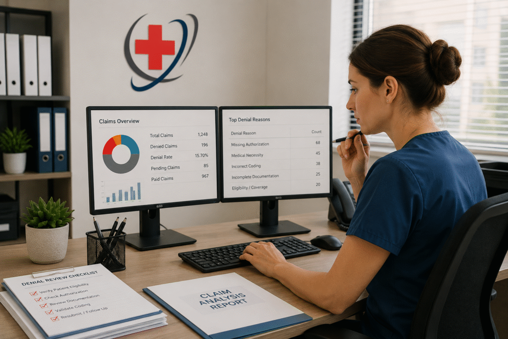 Medical billing specialist reviewing claim denial data and revenue cycle reports on dual computer monitors.