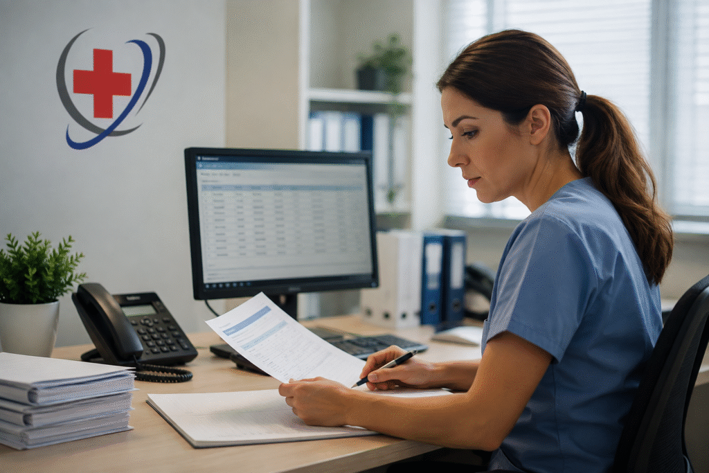 Medical billing specialist reviewing healthcare billing documents at a clinic workstation with The Medicator’s logo visible on the wall.
