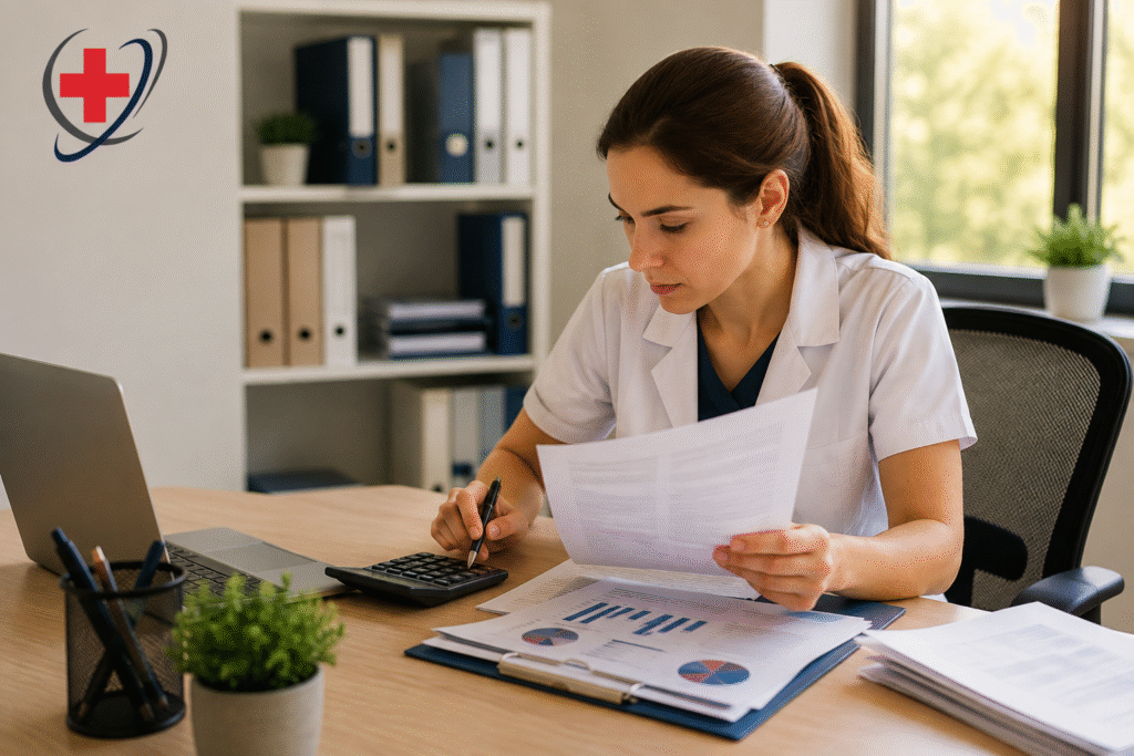 Medical billing professional reviewing patient billing documents and financial reports at a healthcare office.