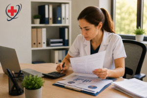 Medical billing professional reviewing patient billing documents and financial reports at a healthcare office.