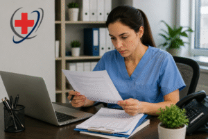 Medical billing professionals reviewing healthcare revenue cycle information in a modern clinic office with The Medicator’s logo.